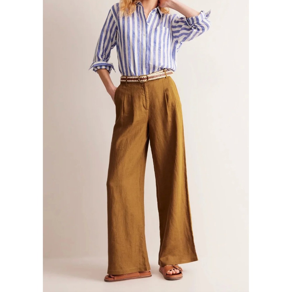 Boden Regent Pleated Linen Wide Leg Trousers Camel Brown High Rise Womens Size 8